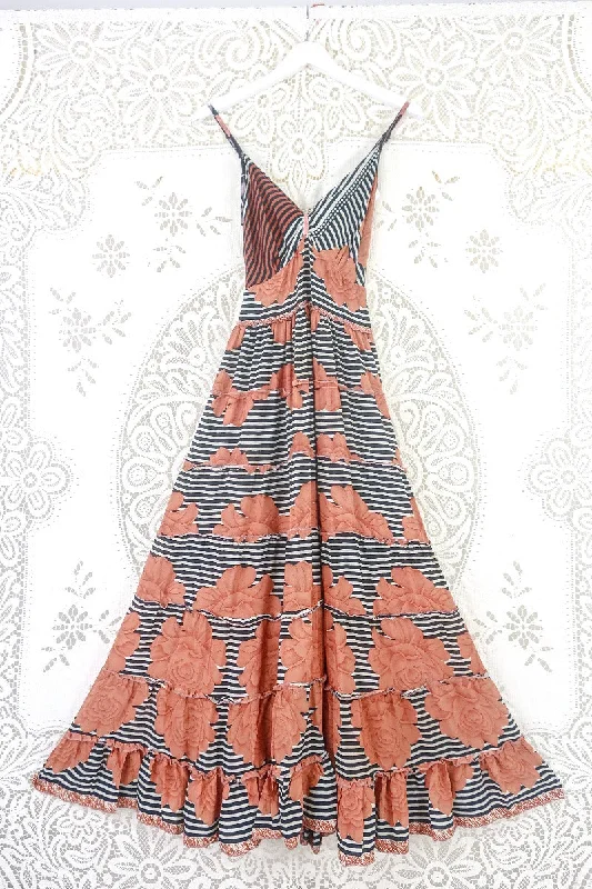 Delilah Maxi Dress - Copper & Black Striped Floral - Vintage Sari - Free Size S Comfortable Maxi Dress with Sleeves