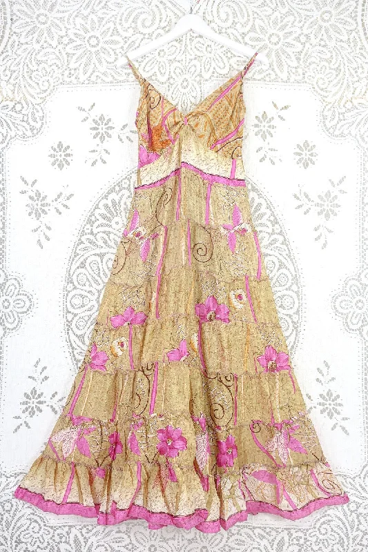 Delilah Maxi Dress - Sunny Beige & Magenta Floral - Vintage Sari - Free Size M/L Classic Tulle Maxi Dress