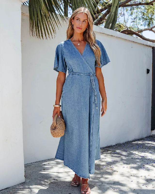 Denim Wrapped Front Maxi Dress Trendy Maxi Dress with Belt