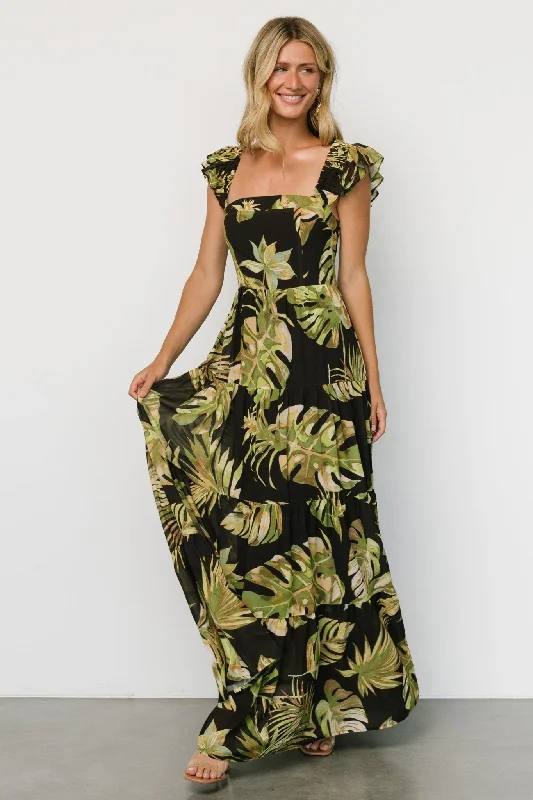 Encinitas Maxi Dress | Tropical Green + Black Trendy Maxi Dress with Bow