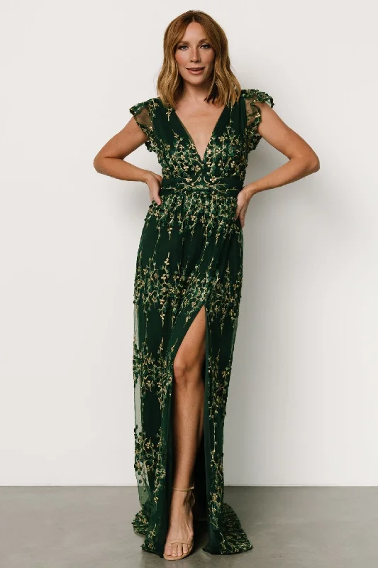 Eva Embroidered Maxi Dress | Green + Gold Elegant Floral Maxi Dress