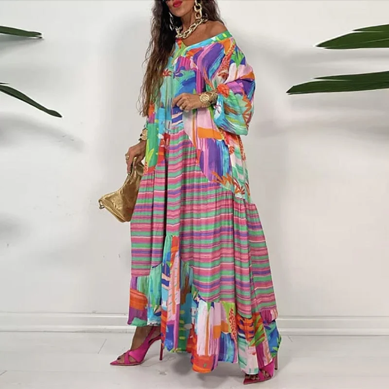 Fashion Retro Loose Boho Print Maxi Dress Elegant Maxi Dress with Slit