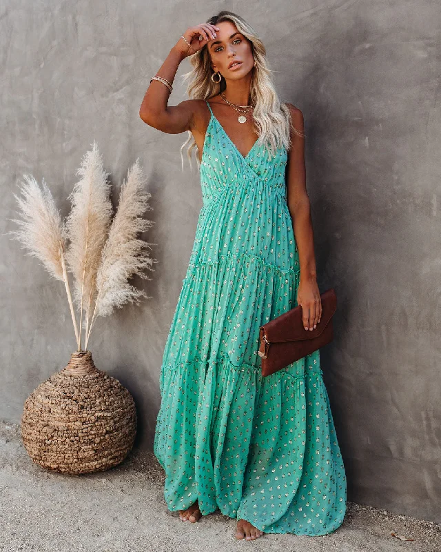 Fathoms Below Adjustable Metallic Tiered Maxi Dress - Seafoam Comfortable Maxi Dress with Belt