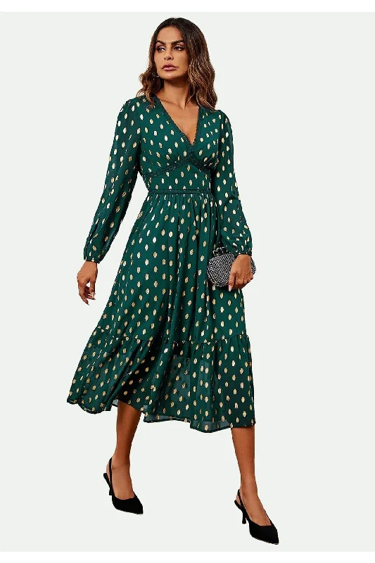 FS Collection Lace Trim Foil Long Sleeve Maxi Dress In Green Comfortable Pleated Maxi Dress