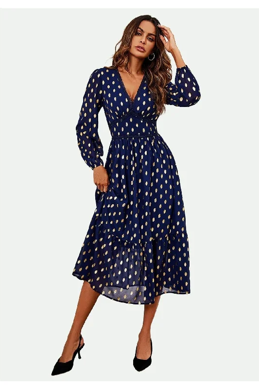 FS Collection Lace Trim Foil Long Sleeve Maxi Dress In Navy Cozy Spaghetti Strap Maxi Dress