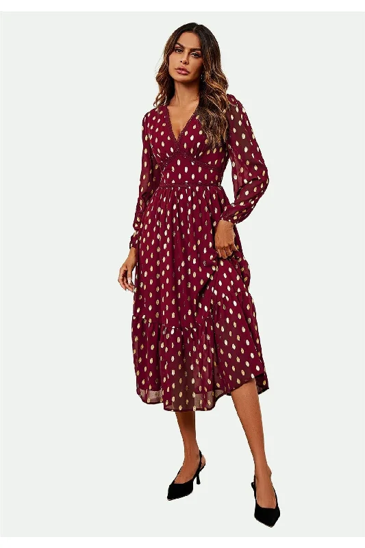 FS Collection Lace Trim Foil Long Sleeve Maxi Dress In Wine Classic Strapless Maxi Dress