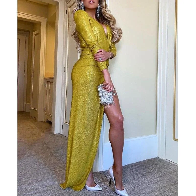 FashionSierra - Glitter Surplice Wrap Deep V Ruched Slit Dress Women Party Dress Autumn Long Sleeve Maxi Dresses Vestidos Mujer Chic Button-Up Maxi Dress