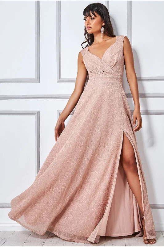 Goddiva Crossover Lurex Glitter Maxi Dress - Nude Trendy Fit-and-Flare Maxi Dress