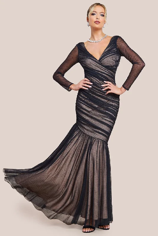 Goddiva Dobby Mesh Wrap Style Gathered Maxi Dress - Black Elegant Maxi Dress with Pockets