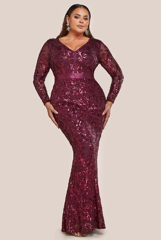 Goddiva Plus Embroidered Sequin & Mesh Maxi Dress - Burgundy Casual Maxi Dress with Pockets