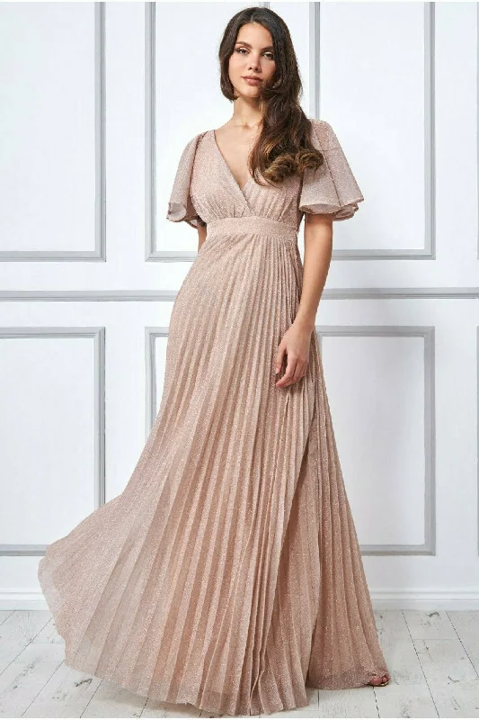 Goddiva Lurex Pleated Maxi Dress - Pink Trendy Short Sleeve Maxi Dress