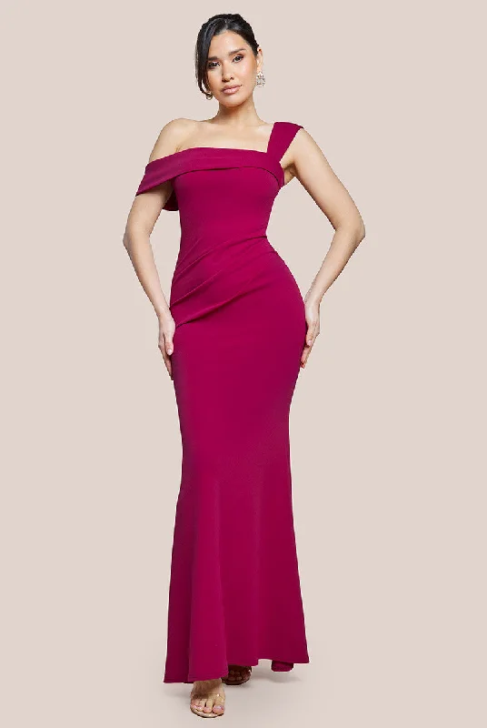 Goddiva Off The Shoulder Pleated Waist Maxi Dress - Berry Fashionable High-Waist Maxi Dress