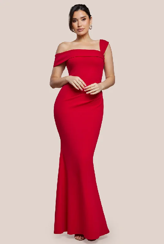 Goddiva Off The Shoulder Pleated Waist Maxi Dress - Red Cozy Wrap Maxi Dress