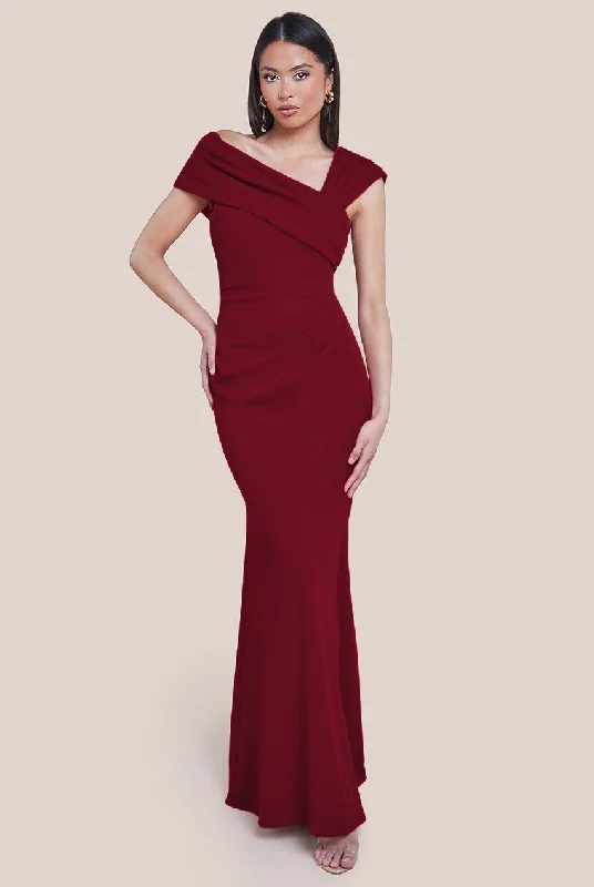 Goddiva One Shoulder Evening Maxi Dress - Wine Elegant Pleated Maxi Dress