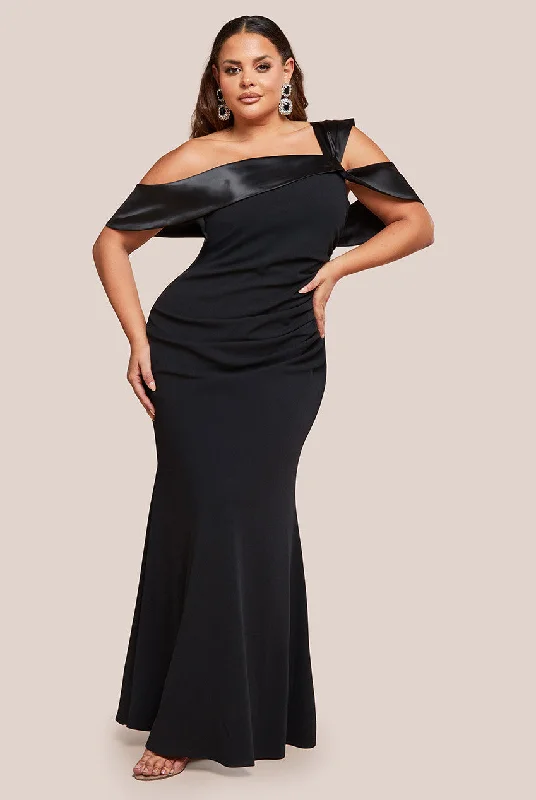 Goddiva Plus One Shoulder Satin Band Maxi Dress - Black Comfortable Long-Sleeve Maxi Dress