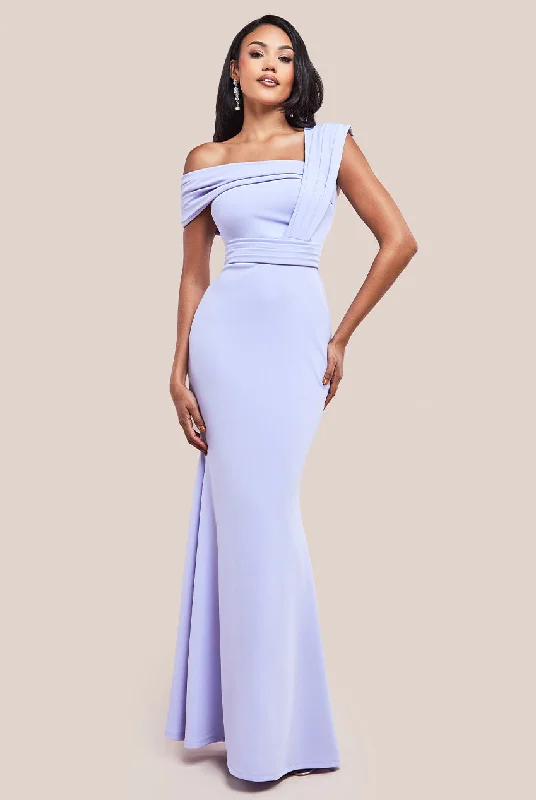 Goddiva One Shoulder Scuba Maxi Dress - Lilac Trendy Maxi Dress with Bow