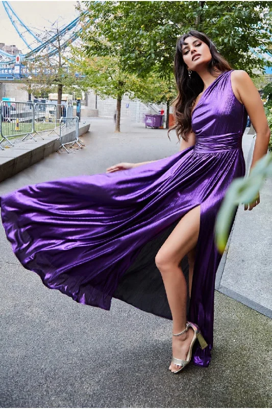 Goddiva One Shoulder Slinky Foil Flared Maxi Dress - Purple Fashionable Asymmetrical Maxi Dress