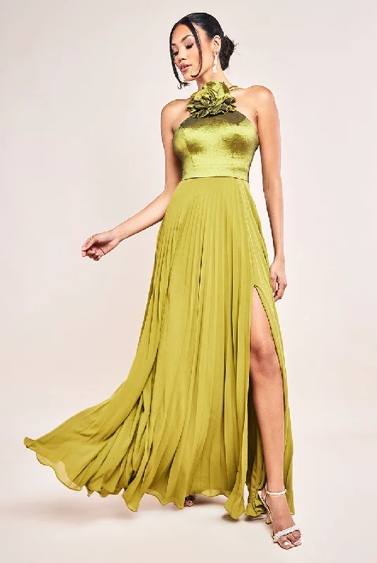 Goddiva Pleated Chiffon Corsage Halter Strappy Maxi Dress - Olive Green Fashionable Asymmetrical Maxi Dress