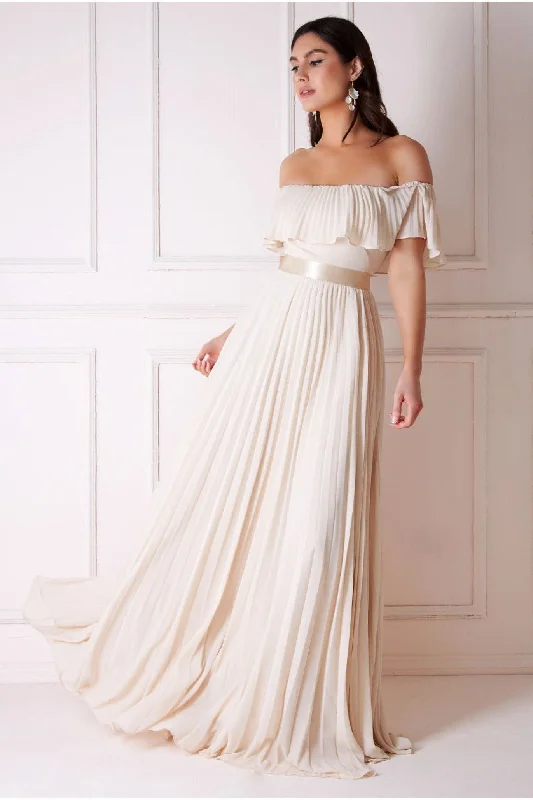 Goddiva Pleated Chiffon Off Shoulder Maxi Dress - Ivory Fashionable High-Waist Maxi Dress