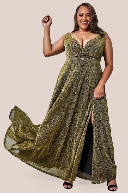 Goddiva Plus Crossover Lurex Glitter Maxi Dress - Gold Trendy Satin Maxi Dress