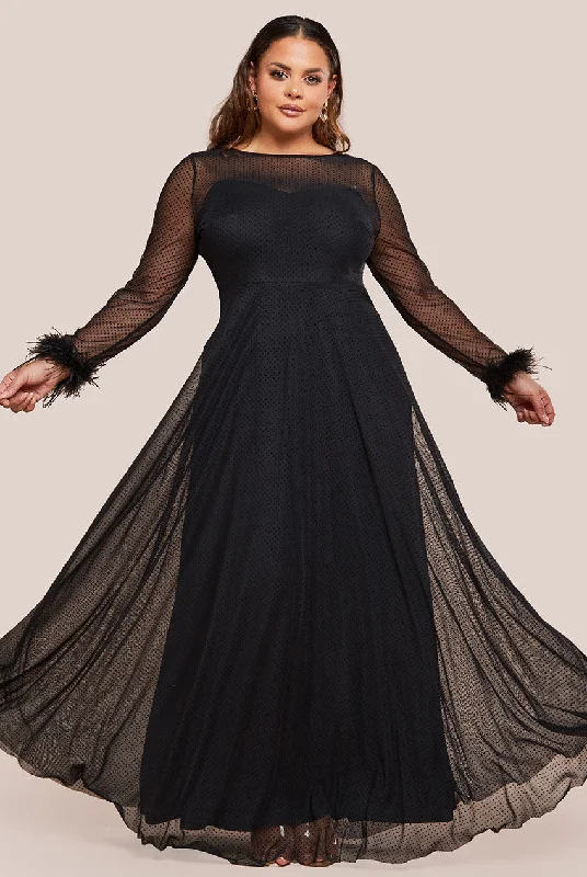 Goddiva Plus Dobby Mesh Feather Sleeve Hem Maxi Dress - Black Fashionable High-Low Maxi Dress