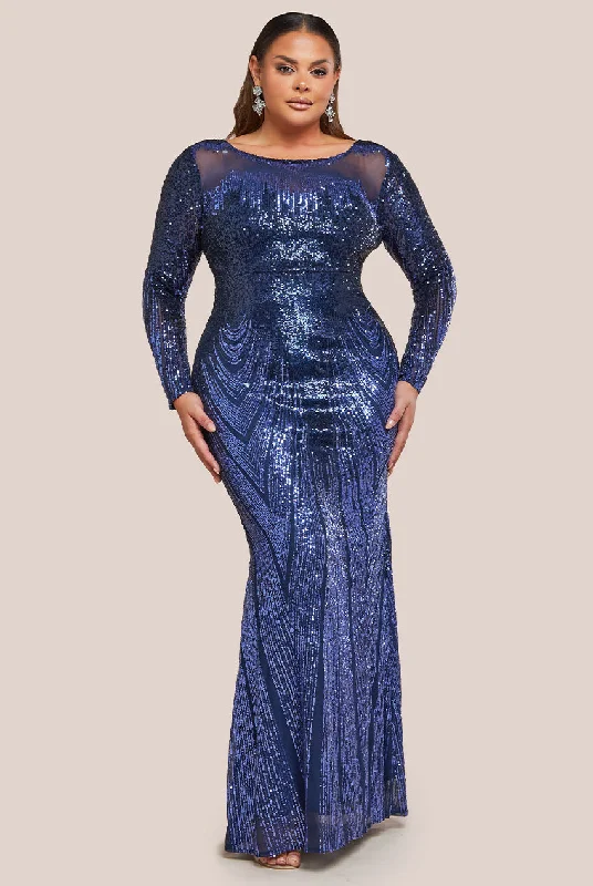 Goddiva Plus Long Sleeve Aztec Sequin Maxi Dress - Navy Cozy Knitted Maxi Dress