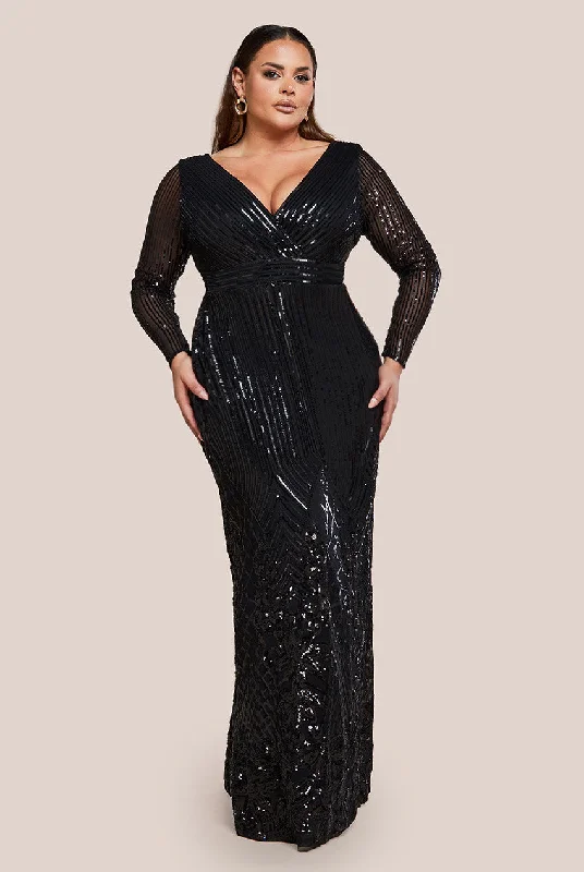 Goddiva Plus Long Sleeve Sequin V Wrap Maxi Dress - Black Cozy Maxi Dress with Slit