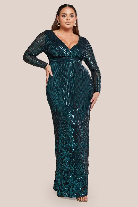 Goddiva Plus Long Sleeve Sequin V Wrap Maxi Dress - Emerald Green Cozy Wrap Maxi Dress