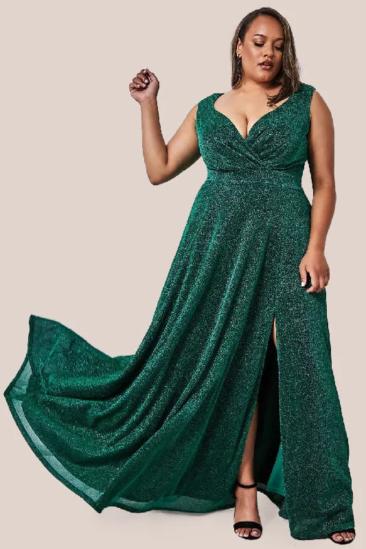 Goddiva Plus Crossover Lurex Glitter Maxi Dress - Emerald Classic V-Neck Maxi Dress