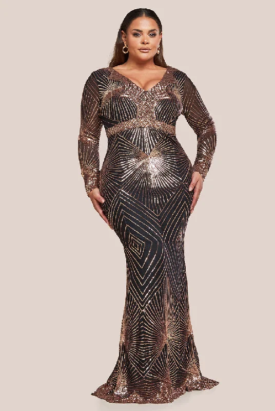 Goddiva Plus Plus Starburst Sequin Maxi Dress - Rose Gold Comfortable Maxi Dress with Belt