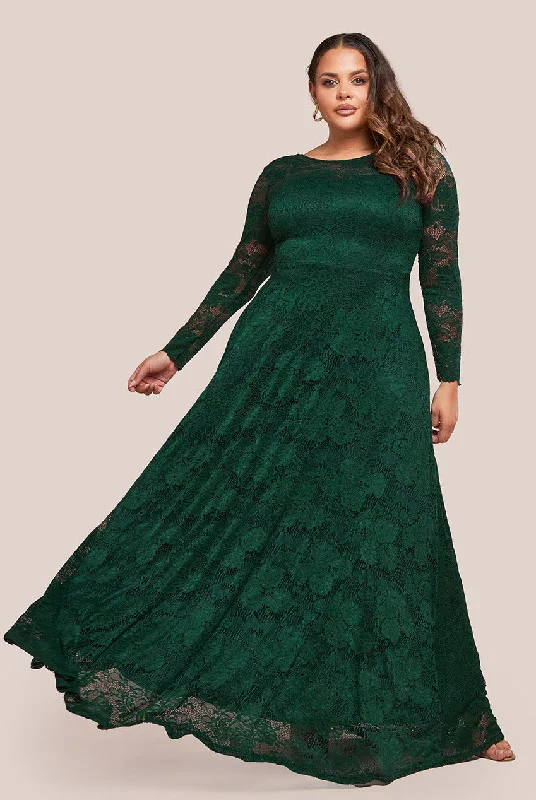 Goddiva Plus Scalloped Lace A-Line Maxi Dress - Emerald Green Trendy Printed Maxi Dress