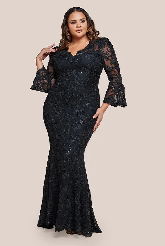 Goddiva Plus Scalloped Lace Maxi Dress - Black Stylish Maxi Dress with Pleats