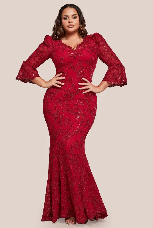 Goddiva Plus Scalloped Lace Maxi Dress - Red Comfortable Ruffle Maxi Dress