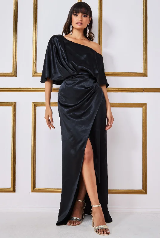 Goddiva Satin Drape Shoulder Wrap Maxi Dress - Black Fashionable Maxi Dress with Fringe