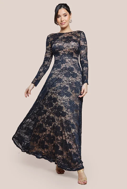 Goddiva Scalloped Lace A-Line Maxi Dress - Black Elegant Boho Maxi Dress