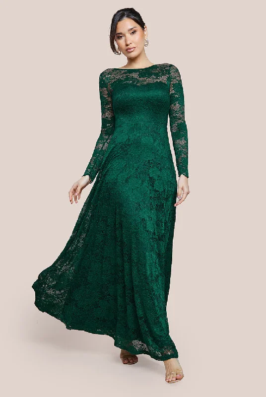 Goddiva Scalloped Lace A-Line Maxi Dress - Emerald Green Trendy Maxi Dress with Straps