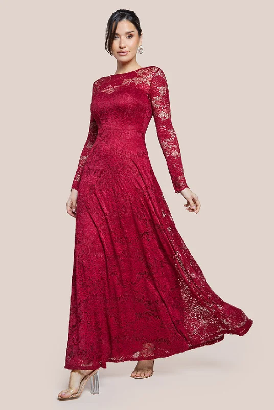 Goddiva Scalloped Lace A-Line Maxi Dress - Wine Elegant Silk Maxi Dress