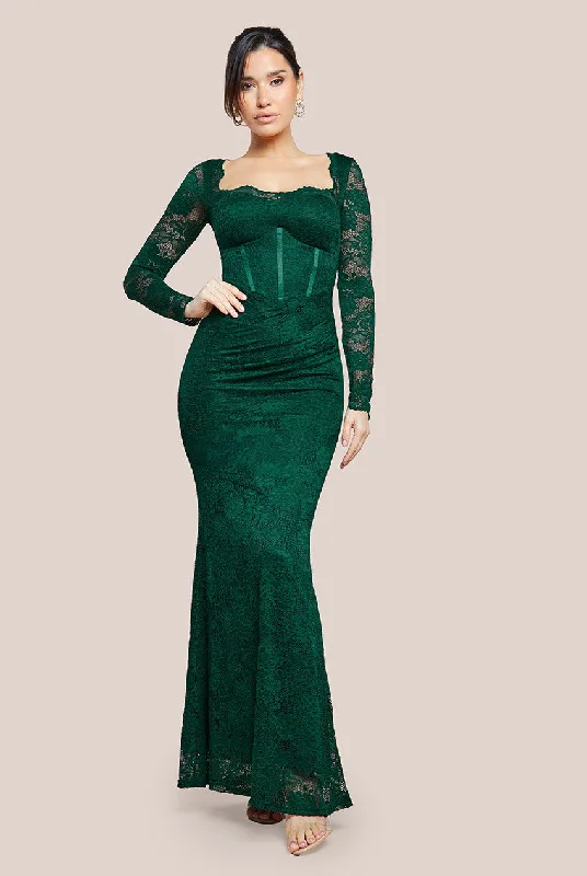 Goddiva Scalloped Lace Corset Bodice Maxi Dress - Emerald Green Comfortable Bohemian Maxi Dress