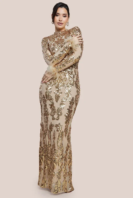 Goddiva Sequin High Neck Feather Cuff Maxi Dress - Gold Cozy Spaghetti Strap Maxi Dress