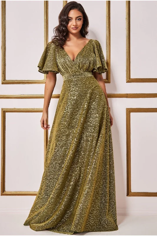 Goddiva Sequin Lurex Flutter Sleeve Maxi Dress - Gold Comfortable Flowy Maxi Dress