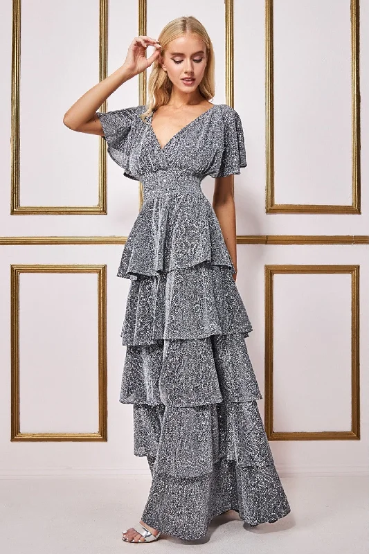 Goddiva Sequin Lurex Tiered Maxi Dress - Silver Comfortable Fit-and-Flare Maxi Dress