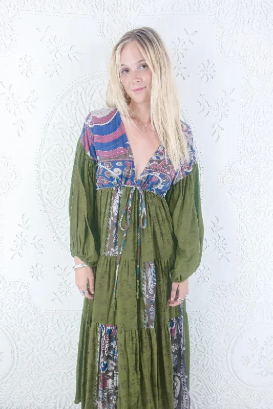 Gypsophila Maxi Dress - Vintage Indian Cotton - Moss Green Hands & Peacock Motif - M/L Fashionable Printed Maxi Dress