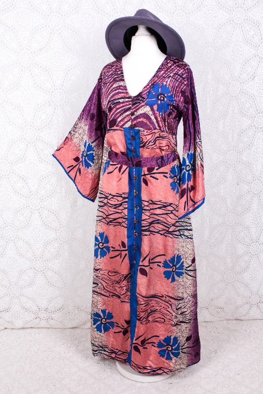 Jasmine Maxi Dress - Plum, Salmon & Azure Floral Ripple Vintage Sari - Size S/M Fashionable Open-Back Maxi Dress