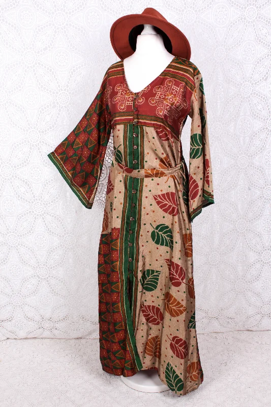 Jasmine Maxi Dress - Forest, Antique Silver & Terracotta Leaf Vintage Sari - Size S/M Trendy A-Line Maxi Dress