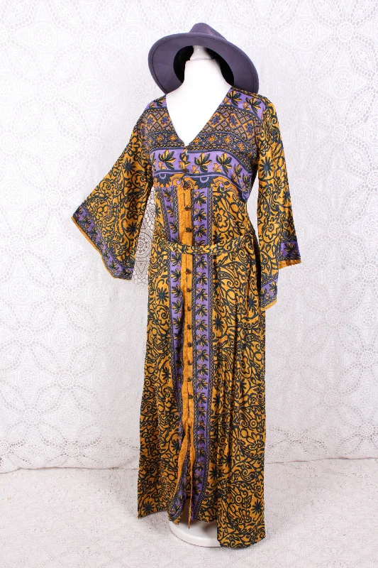 Jasmine Maxi Dress - Lemon & Lavender Flora Nouveau Vintage Sari - Size S/M Trendy Maxi Dress with Lace