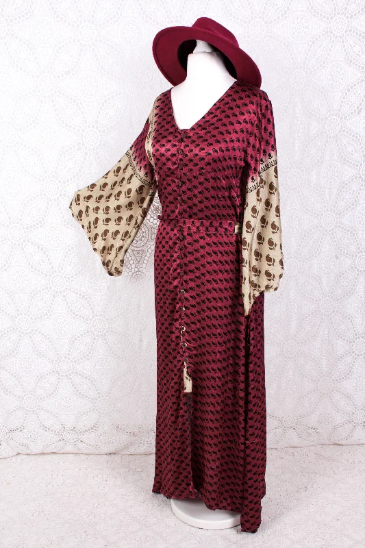 Jasmine Maxi Dress- Sangria, Gold & Ivory Shimmery Fleur De Lis Vintage Sari - Size S/M Stylish Longline Maxi Dress