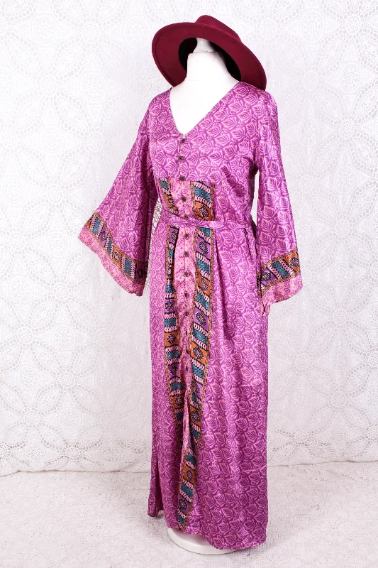 Jasmine Maxi Dress - Pink & Purple Vintage Sari - Size S/M Cozy Cold-Shoulder Maxi Dress