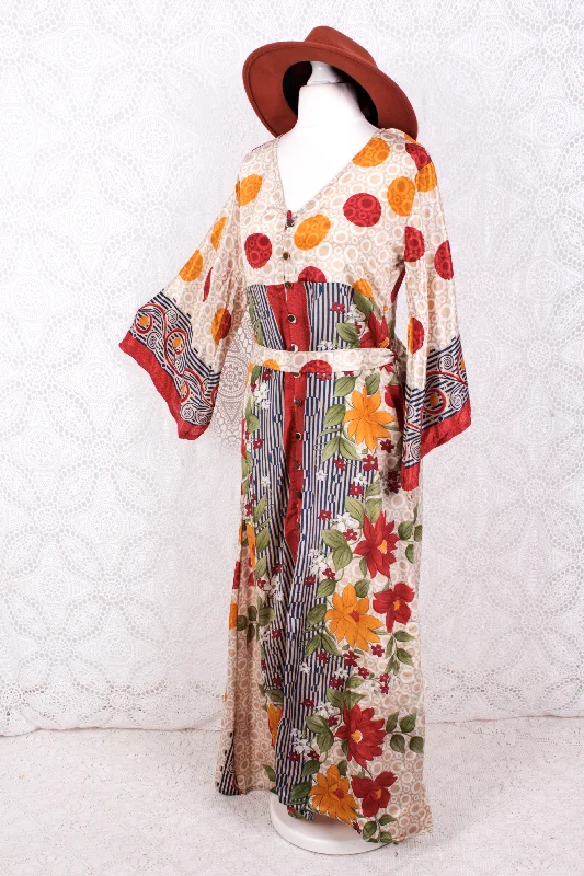 Jasmine Maxi Dress - Cherry, Prussian, & Mustard Floral Vintage Sari - Size S/M Elegant Floral Maxi Dress