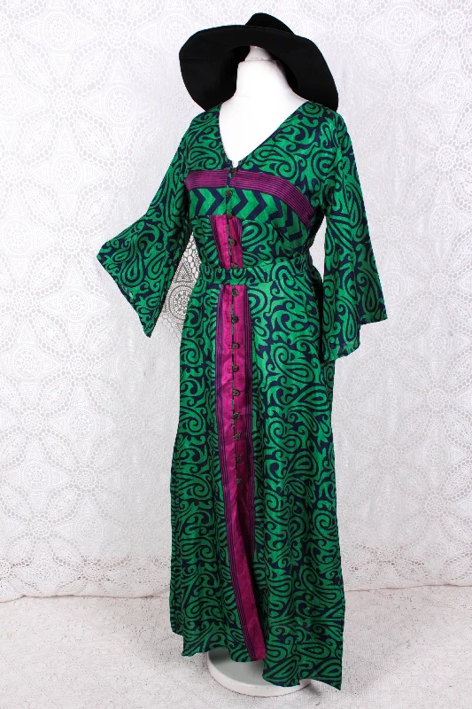 Jasmine Maxi Dress - Bright Emerald, Navy & Fuchsia Paisley Vintage Sari - Size S/M Elegant Tiered Maxi Dress