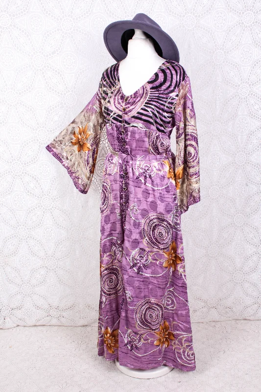 Jasmine Maxi Dress - Mauve Shimmer Floral Vintage Sari - Size S/M Trendy V-Neck Maxi Dress